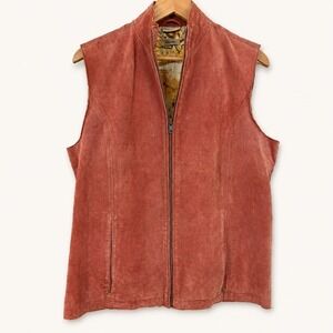 Vintage 90s RuffHewn Womens Large Vest Suede Leather Zip Up Map Print Western